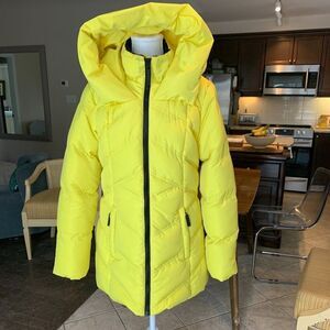 Jacket, Red X, sz med, EUC, puffer, 3/4 length, hood, lemon yellow